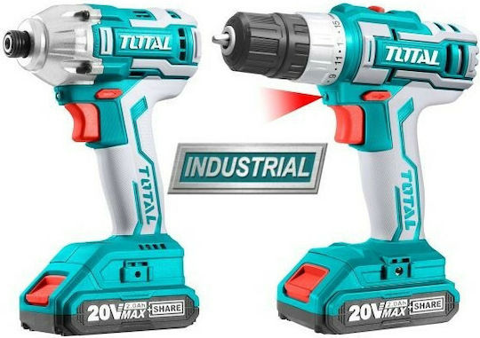 Total Set Drill Driver & Impact Screwdriver 20V with 2 Batteries 2Ah and Case