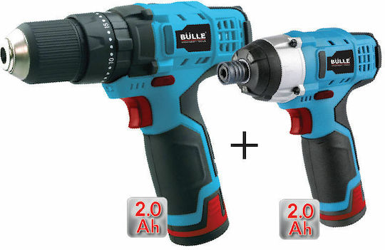 Bulle 63479 Set Impact Drill Driver & Impact Screwdriver 10.8V with 2 Batteries 2Ah and Case with 6 wood drills & 6 screwdrivers & 1 general purpose drill bit & 1 general purpose carrier