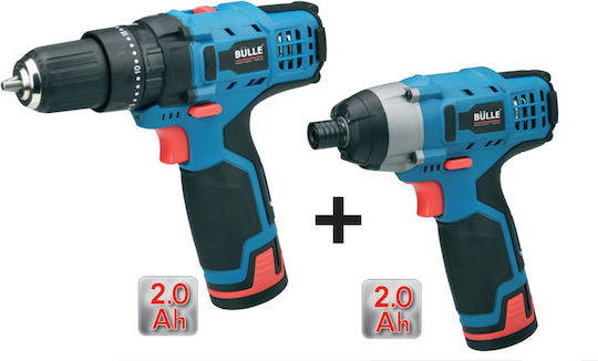 Bulle 63479 Set Impact Drill Driver & Impact Screwdriver 10.8V with 2 Batteries 2Ah and Case with 6 wood drills & 6 screwdrivers & 1 general purpose drill bit & 1 general purpose carrier
