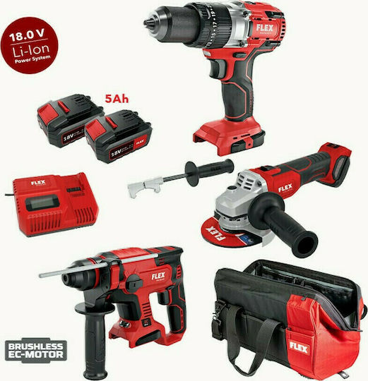 Flex 46696 Σετ Γωνιακός Τροχός, Κρουστικό Δραπανοκατσάβιδο & Πιστολέτο 18V με 2 Μπαταρίες 5Ah και Θήκη