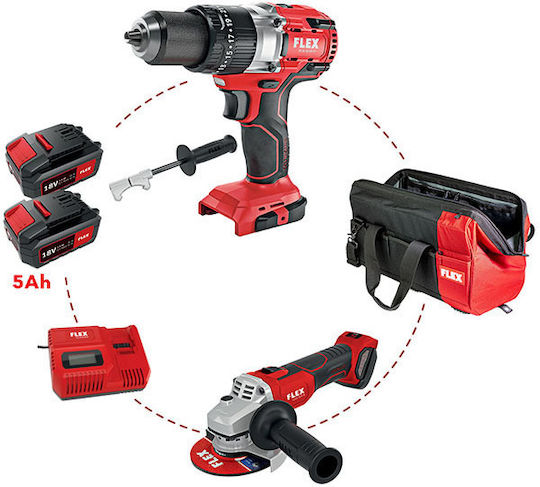 Flex PD2G 18.0-EC FC C Σετ Γωνιακός Τροχός & Κρουστικό Δραπανοκατσάβιδο Brushless 18V με 2 Μπαταρίες 5Ah και Θήκη