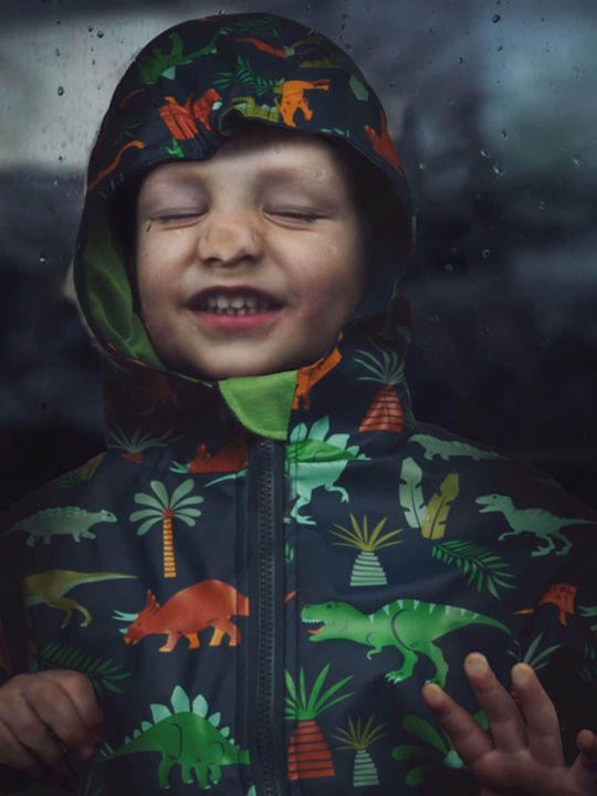 Rain Poncho: Dino 4T Αδιάβροχο Παιδικό Casual Μπουφάν Κοντό με Επένδυση & Κουκούλα Πράσινο