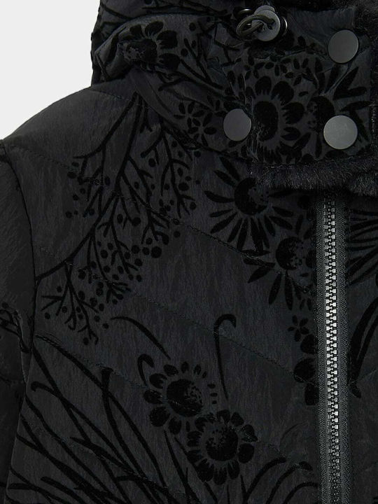 Kids' Casual Jacket Short with Lining & Hood Black Flowers