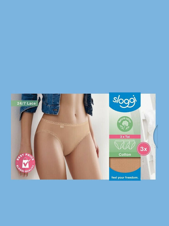 24/7 Tai Βαμβακερά Γυναικεία Slip 3Pack με Δαντέλα Μπεζ