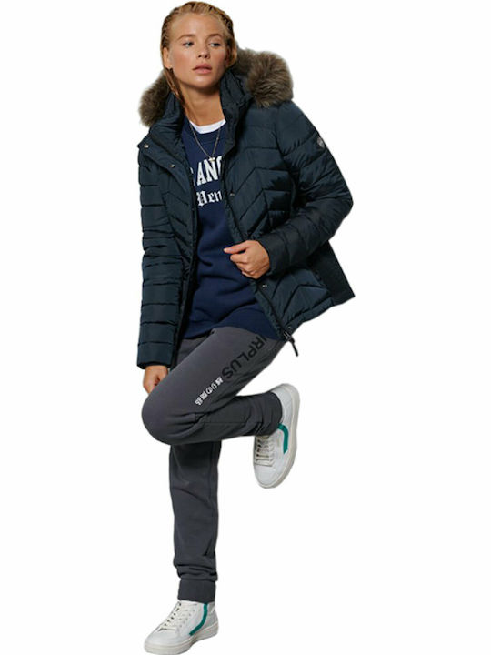 Luxe Fuji Scurtă Jachetă de femei Puffer cu glugă de blană Albastru marin