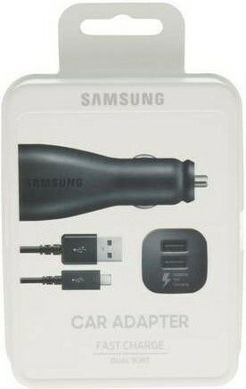 Samsung Φορτιστής Αυτοκινήτου 15W 2A Γρήγορης Φόρτισης με Θύρες: 2xUSB μαζί με Καλώδιο Micro-USB Μαύρο Χρώμα