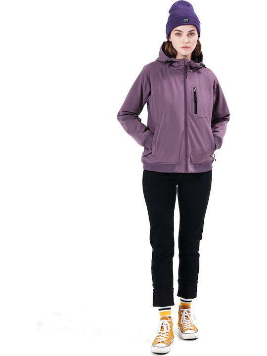 Women's Short Sports Softshell Jacket Waterproof and Windproof for Winter with Hood Purple