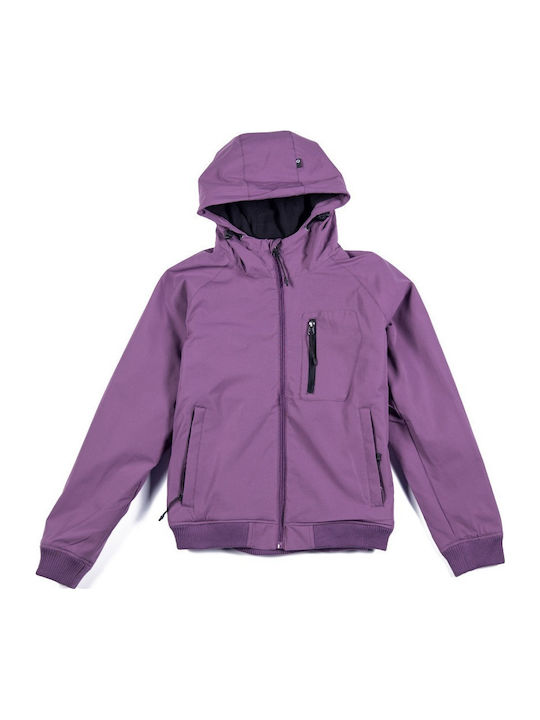 Women's Short Sports Softshell Jacket Waterproof and Windproof for Winter with Hood Purple