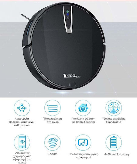 Telco Robot Vacuum Cleaner with Smart Navigation and Suction Power 3200Pa Black