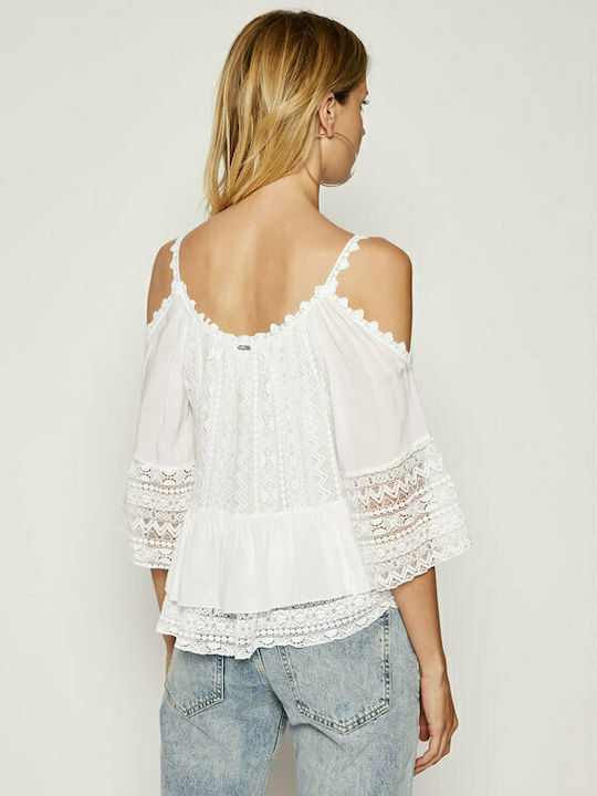Guess Women's Summer Blouse Off-Shoulder with Lace White