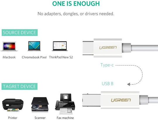 Ugreen US241 USB 2.0 Cable USB-C male - USB-B White 1m (40560)