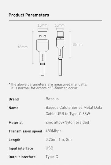 Baseus Cafule Series Braided USB 2.0 Cable USB-C Male - USB-A 66W White 1m CAKF000102