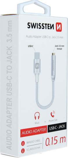 Swissten Μετατροπέας USB-C male σε 3.5mm female Ασημί 1τμχ 73501302