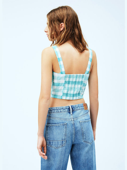 Pepe Jeans Valentina Women's Summer Crop Top Cotton with Straps Checked Turquoise