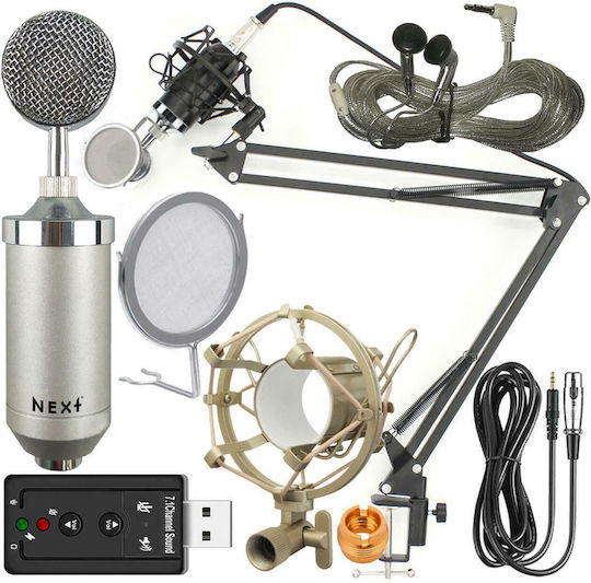 Next Kit with Headphones Set Condenser Microphone Shock Mounted for Vocals in Silver Color