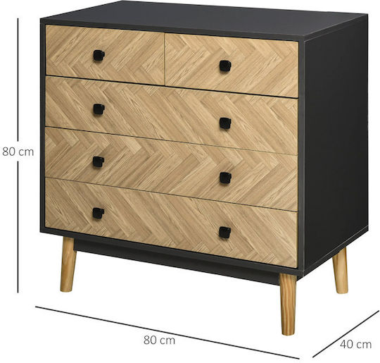 Wooden Chest of Drawers for Bedroom with 5 Drawers Natural Grey 80x40x80cm