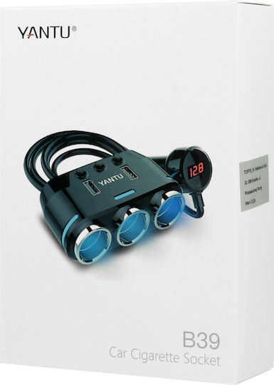 Yantu B39 - Type C Auto-Ladegerät 100W mit Anschlüssen: 2xUSB 3xZigarettenanzünder mit Kabel Eingebettet und Voltmeter Schwarz Farbe