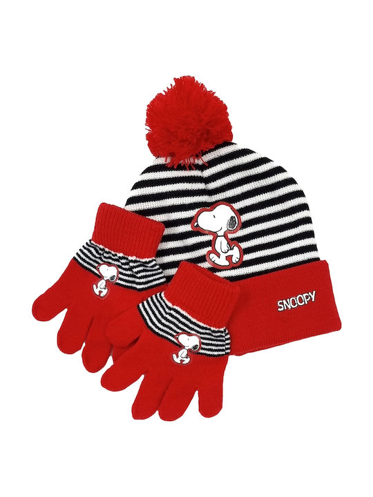 Stamion Snoopy Σετ Παιδικό Σκουφάκι με Γάντια Πλεκτό Κόκκινο
