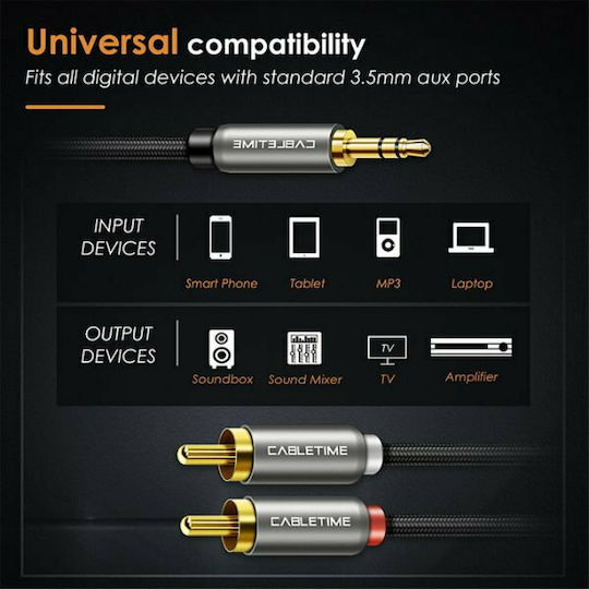 Cabletime 3,5mm Klinkenkabel - RCA-Stecker Schwarz 3m mit Vergoldeten Anschlüssen