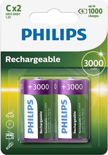 Philips Επαναφορτιζόμενες Μπαταρίες C Ni-MH 3000mAh 1.2V 2τμχ