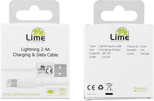 Lime Regular USB to Lightning Cable Λευκό 1m (65303)