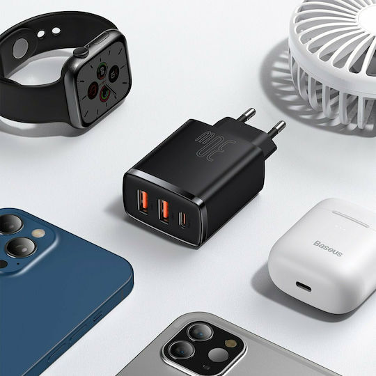 Baseus Зарядно без кабел с 2 USB-A порта и USB-C порт 30W Power Delivery Черен (Compact 2U+C)