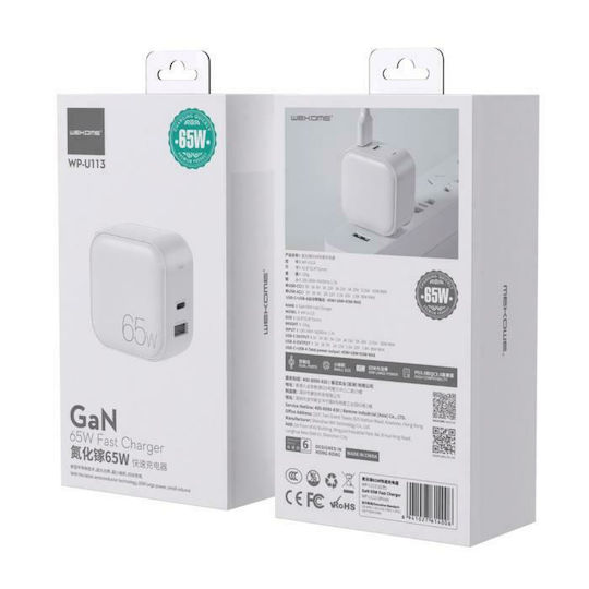 WK Wireless GaN Mobile Phone Charger with USB-A and USB-C Ports 65W Power Delivery Quick Charge 3.0 White