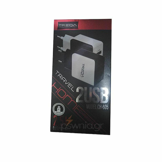 Treqa Ladegerät ohne Kabel mit 2 USB-A Anschlüsse Schwarzs (CH-605)
