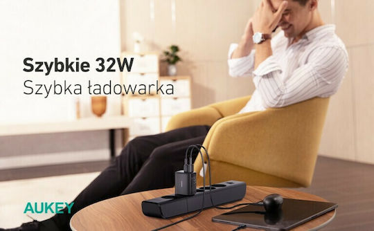 Aukey Φορτιστής Χωρίς Καλώδιο με Θύρα USB-A και Θύρα USB-C 32W Power Delivery Μαύρος (PA-F3S)