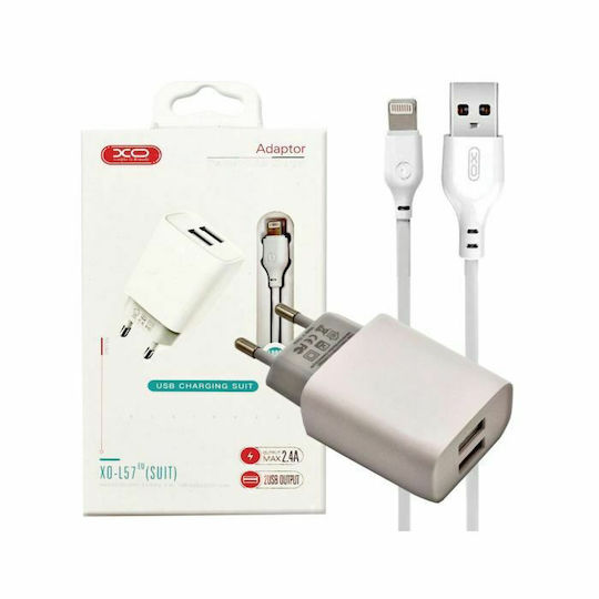 XO Ladegerät mit 2 USB-A Anschlüsse und Kabel Blitzschlag Weißs (L57)