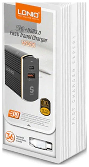 Ldnio Ldnio Mobile Phone Charger with USB-A and USB-C Output Ports and USB-C Cable Quick Charge 3.0 Power Delivery Black