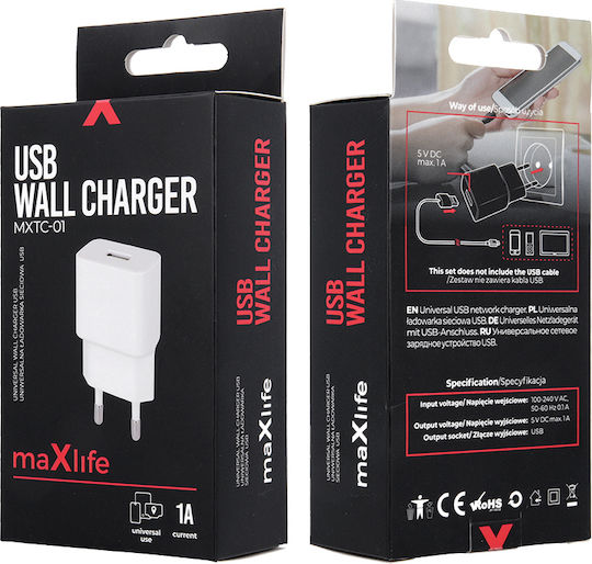 Maxlife Încărcător Fără Cablu cu Port USB-A Albς (MXTC-01 1A)