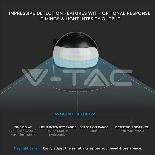 V-TAC VT-8028 Wired Infrared Motion Sensor 180° Detection Angle Scope 12m