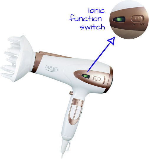 Adler Ionic Hair Dryer with Diffuser 2400W Bronze,White