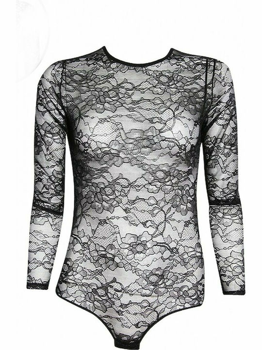 Lingerie Long Sleeve Bodysuit 90-90984 with Lace Black 90-90984-045