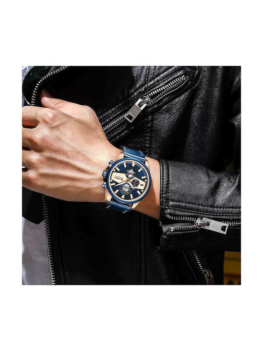 Curren Uhr Chronograph Batterie mit Blau Lederarmband