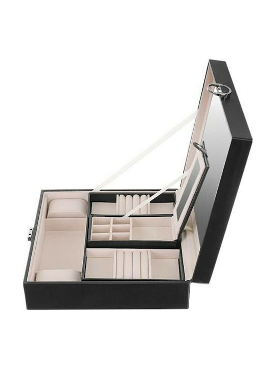 Beautylushh Wooden Jewellery Box with Drawer & Mirror Black 25.5x25.5x9cm