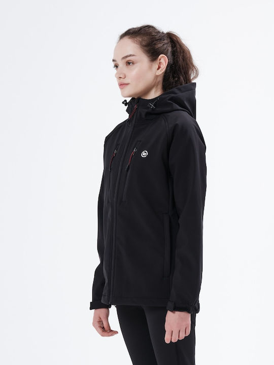 Women's Long Sports Softshell Jacket Waterproof and Windproof for Winter with Hood Black