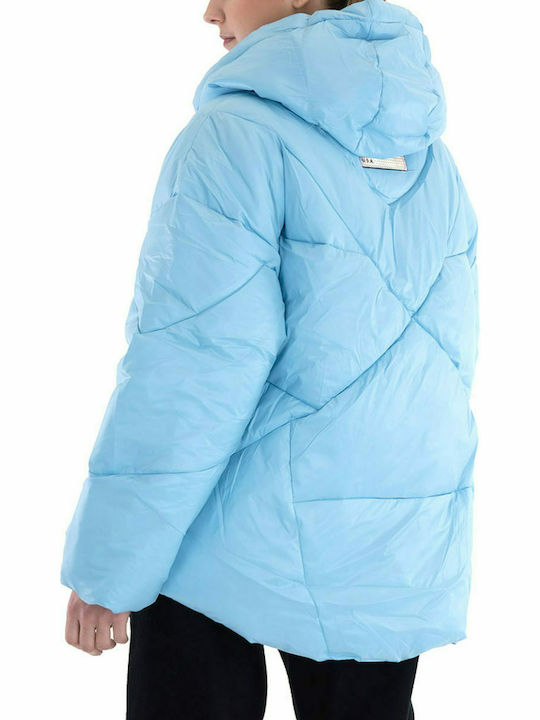 Kendall + Kylie Women's Short Puffer Jacket for Winter with Hood Light Blue