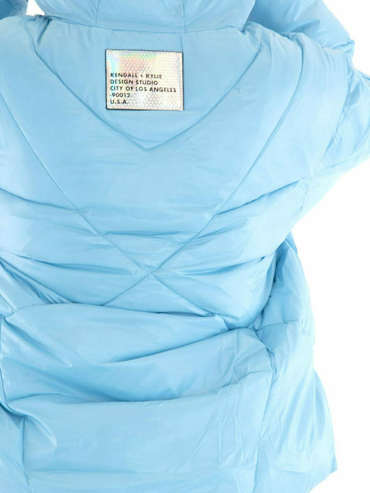 Women's Short Puffer Jacket for Winter with Hood Light Blue