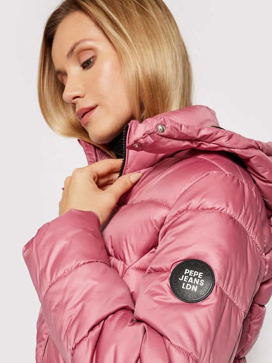 Camille Women's Short Puffer Jacket for Winter with Hood Pink