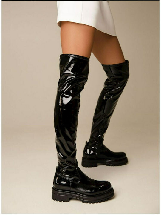 Damenstiefel Über dem Knie aus Lackleder Schwarz