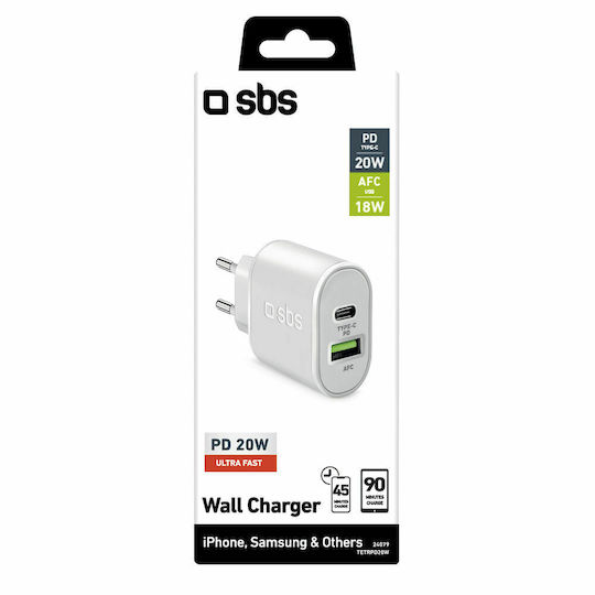SBS Φορτιστής Χωρίς Καλώδιο με Θύρα USB-A και Θύρα USB-C 20W Power Delivery Λευκός (TETRPD20W)