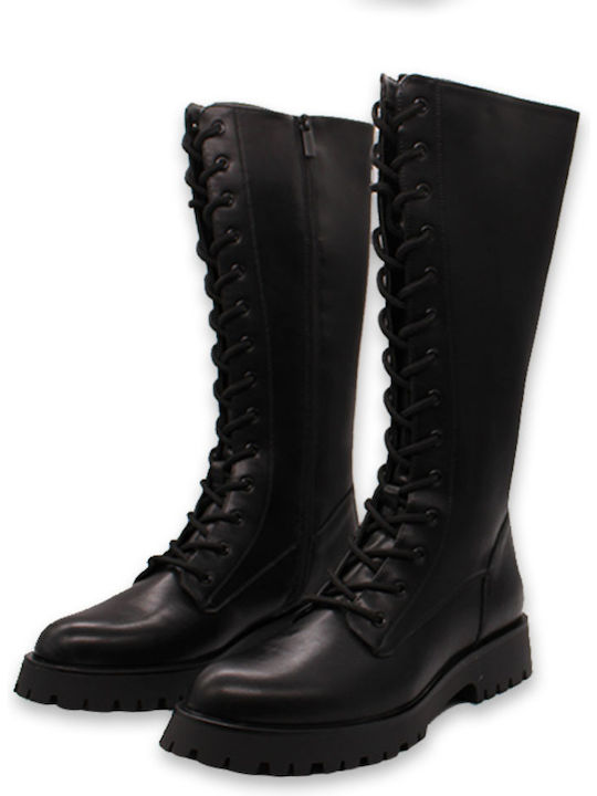 Synthetic Leather Medium Heel Women's Boots with Laces / Zipper Black