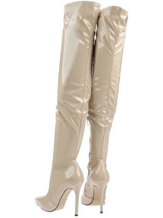 Damenstiefel aus Lackleder mit hohem Absatz Beige