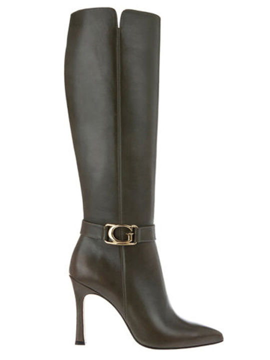 Leather High Heel Women's Boots with Zipper Oil Green