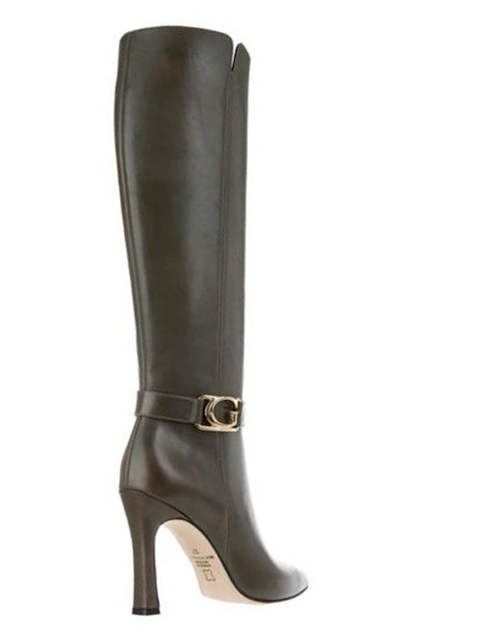 Leather High Heel Women's Boots with Zipper Oil Green