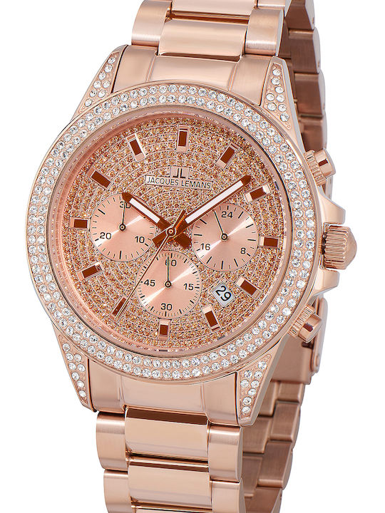 Jacques Lemans St.Tropez Γυναικείο Ρολόι 42mm Χρονογράφος Μπαταρίας με Ροζ Χρυσό Μεταλλικό Μπρασελέ