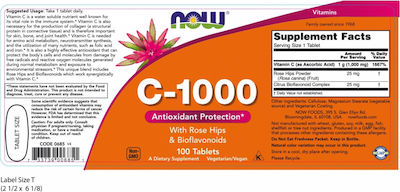 Now Foods C-1000 With Rose Hips And Bioflavonoids Βιταμίνη για Ενέργεια & Ανοσοποιητικό 1000mg 100 ταμπλέτες