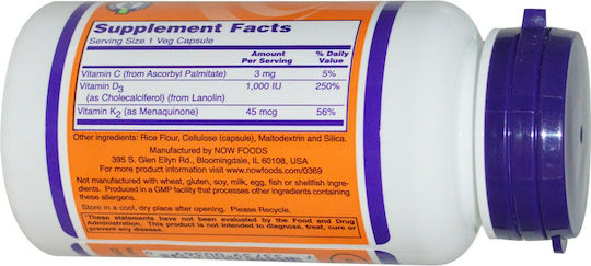 Now Foods Vitamin D-3 & K-2 Βιταμίνη για Ενίσχυση του Ανοσοποιητικού & την Υγεία των Οστών 1000iu 120 φυτικές κάψουλες